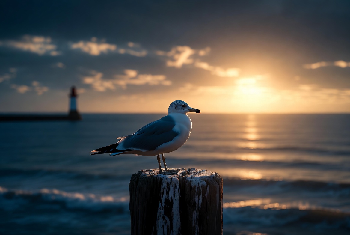 Herring gull at golden hour on a weathered piling, jetty receding toward a lighthouse on the horizon